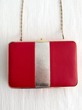 J. McLaughlin Small Red & Gold Leather Clutch Shoulder Purse w/ Gold Chain